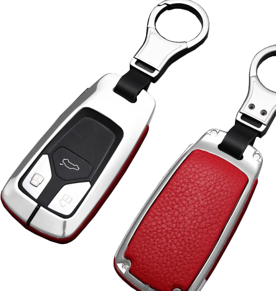 SANRILY 1Pcs Key Fob Cover Case for Audi A4 Q5 Q7 TT 2018 2019 Smart Key Protector Metal Key Holder Shell with Keyring Red