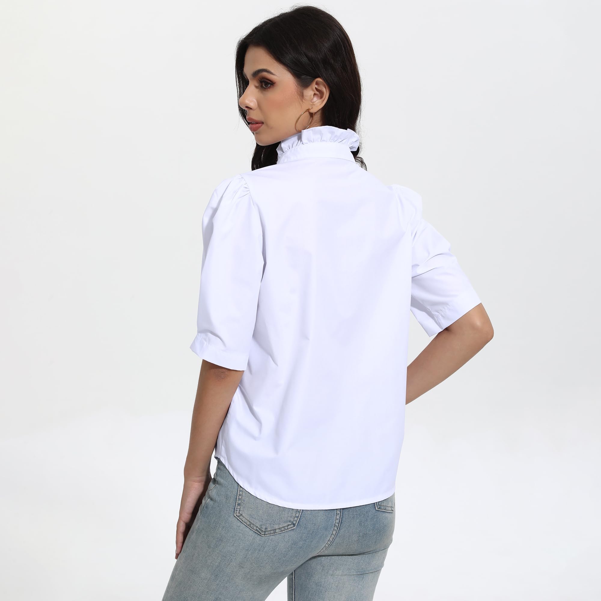 Blusa de verano 2024 para mujer, color negro, con volantes, cuello alto, con botones, mangas abullonadas, Blanco 3