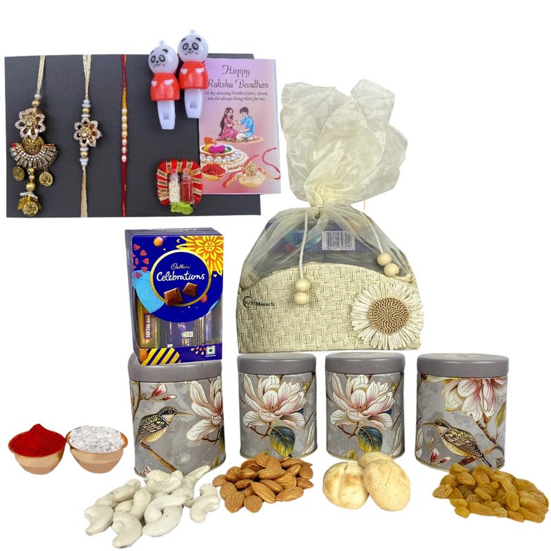 Image of NUTRI MIRACLE Rakhi Healthy Nut Mix with Chocolate Treat Hamper | Guest Gift Basket with Nutty Delights and Gourmet Chocolates