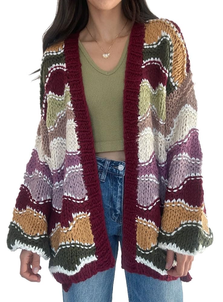 chouyatou Womens 2025 Fall Wavy Colorful Striped Cardigan Open Front Chunky Knit Sweater Jacket with Pockets