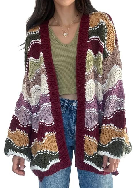 chouyatou Womens 2025 Fall Wavy Colorful Striped Cardigan Open Front Chunky Knit Sweater Jacket with Pockets