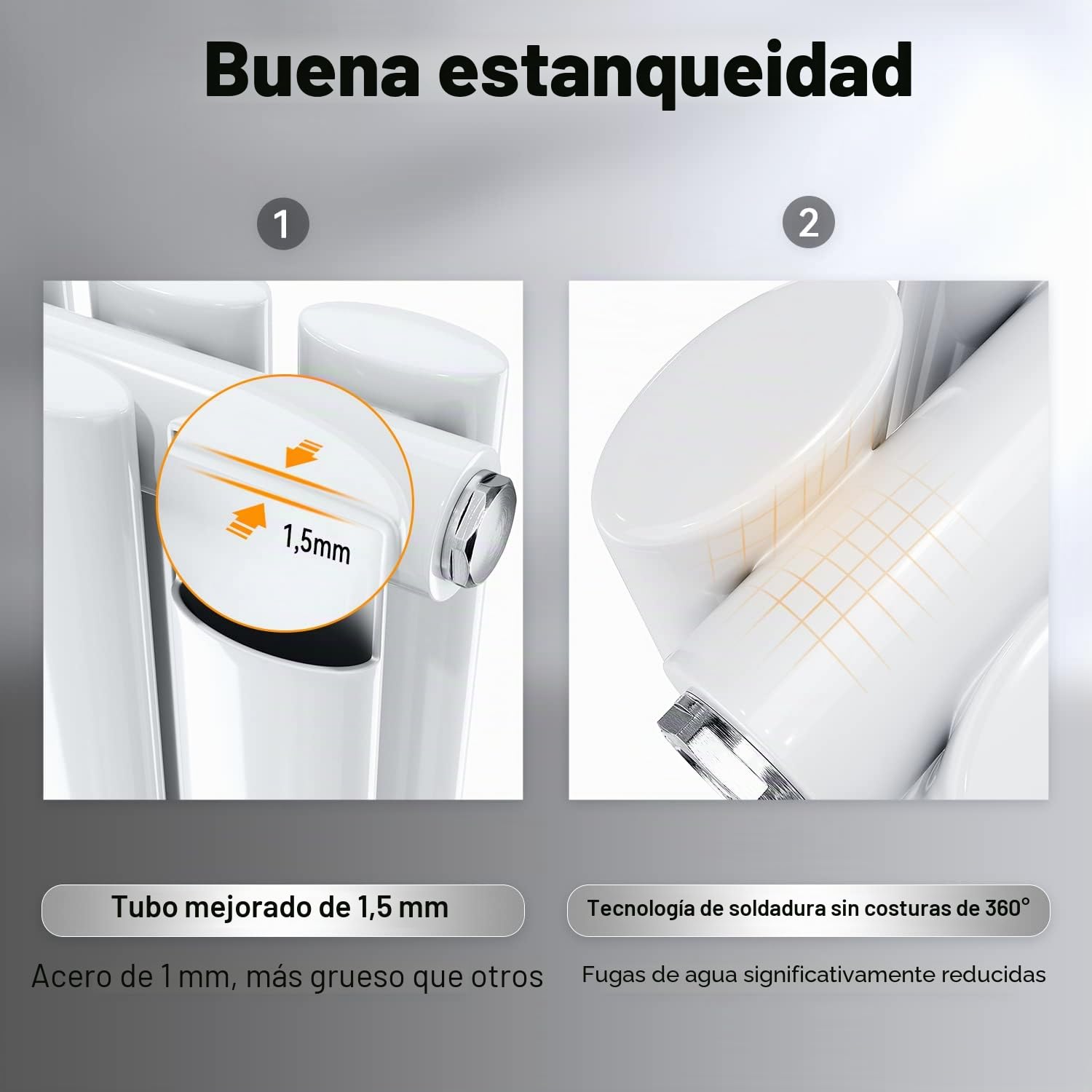 ELEGANT Radiador de panel de diseño tubular, 1800 x 354 mm, color blanco, doble capa, conexión central, tubo vertical