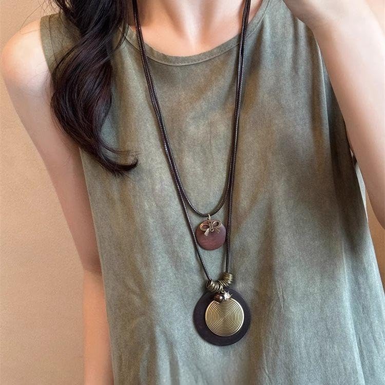 Vintage Long Boho Necklaces for Women Stacking Leather Cord Wooden Disc Pendant Necklaces Adjustable Trendy Necklace Jewelry2