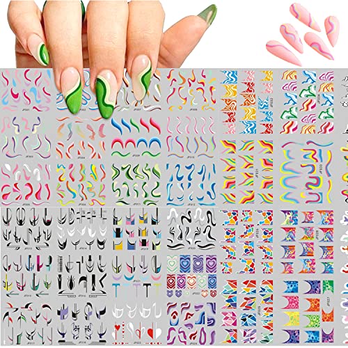 36 Sheets French Stripes Nail Art Stickers Geometric Nail Decals Abstract Colorful Wave Line Irregular Curves Water Transfer Nail Art Supplies DIY for Women Girls (Stripes)