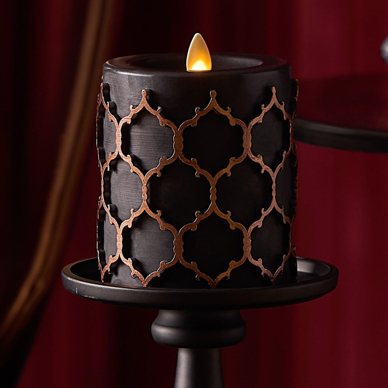 Luminara Black Embossed Fretwork 3.5" x 4.5" Pillar, AA Battery Operated w/Timer Function, Flickering Flameless LED Light Real Wax Candle for Indoor Home Decoration, for Dining Room Table Centerpiece