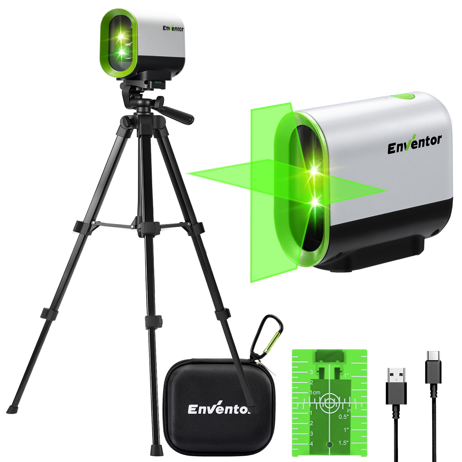 Enventor Rechargeable Laser Level with Tripod, 25M 2200mAh Li-ion Battery Green Laser Level Self Leveling with Pulse Mode, 7 Hours Working Time, Switchable Horizontal/Vertical/Cross line