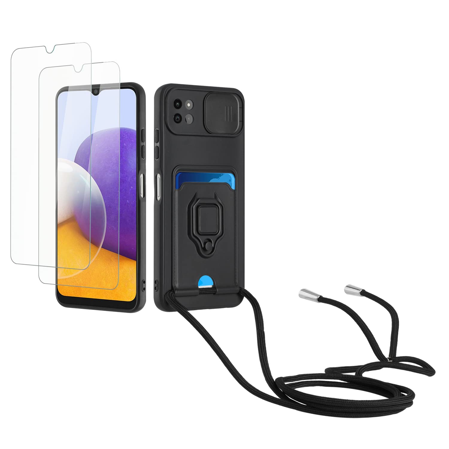 Kaslly Funda con Cuerda para Samsung Galaxy A35+[2 Pack Protector Pantalla],Case con Ranura para Tarjetas,Cubierta de Cámara Deslizante Proteger,Doble Cara Protección-Negro — view 57