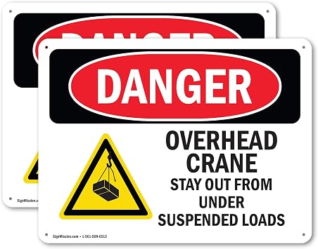 2 Pack Overhead Crane Suspended Load OSHA Danger Sign 14 Inch X 10 Inch Indoor/Outdoor Rust-Free Aluminum Metal Signs for Workplace, Workshop, and Construction Site, Made in the USA
