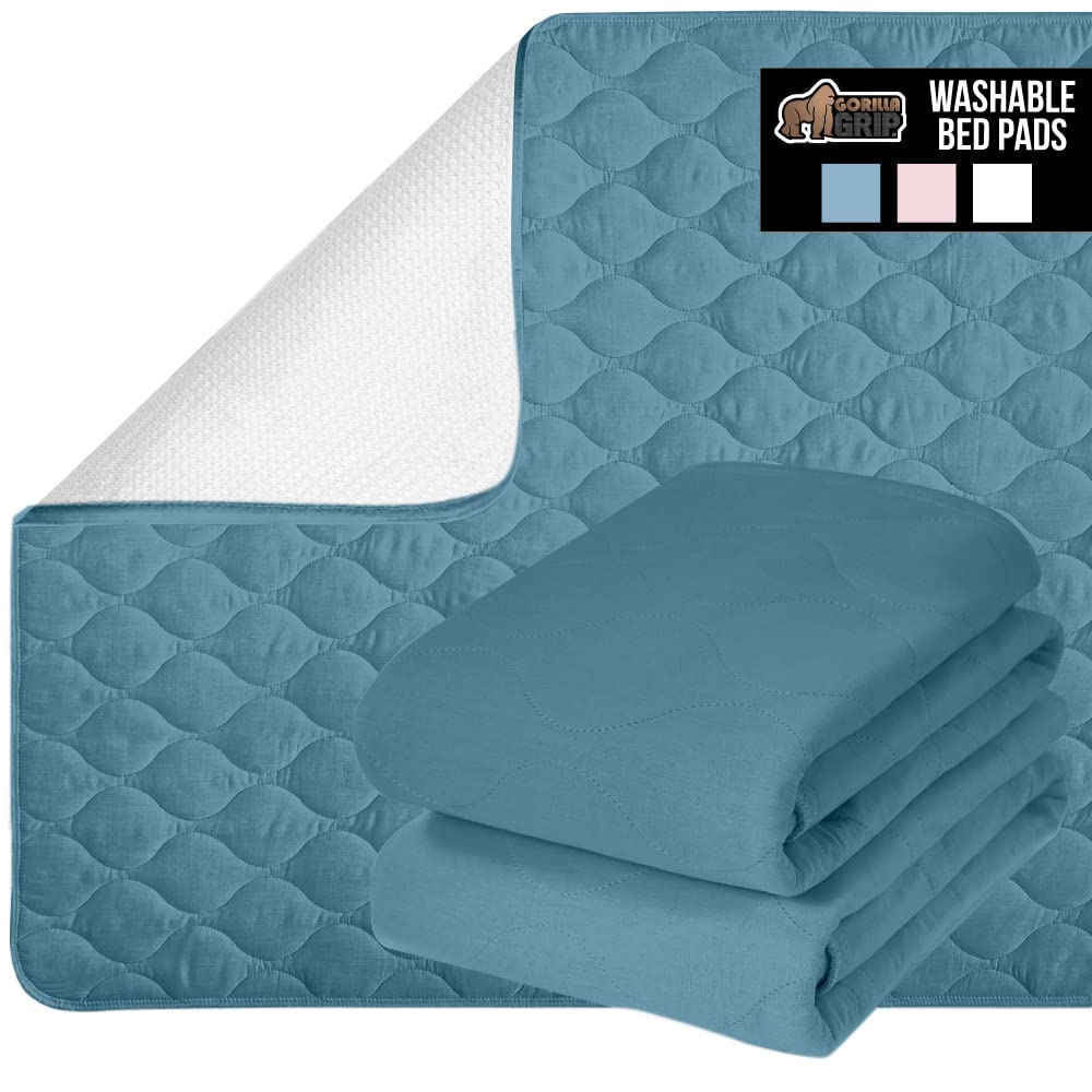 Gorilla Grip Washable and Reusable Waterproof Underpads, Absorbent Leak Proof Bed Incontinence Pads, 34x36 2 Pack Slip Resistant Bedwetting Pad Protector Absorbs 8 Cups for Bedwetting Adults Kids Blue