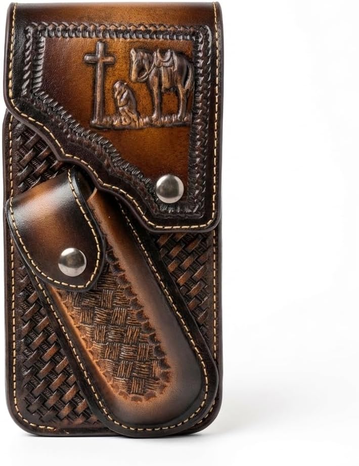 Leather Phone Holster with Knife Sheath - Praying Cowboy Embossed Belt Clip Pouch - Basketweave Pattern (Brown)