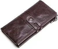 Carteira Longa de Couro Legítimo Feminina, Porta-Cartões (13 Slots), 1 Slot para Chip SIM/SD, Bolso para Celular e Dinheiro com Zíper, Porta-Moedas(Marrom) Carteira para mulher de Luxo
