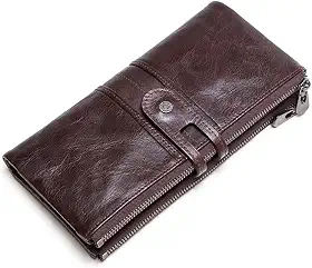 Carteira Longa de Couro Legítimo Feminina, Porta-Cartões (13 Slots), 1 Slot para Chip SIM/SD, Bolso para Celular e Dinheiro com Zíper, Porta-Moedas(Marrom) Carteira para mulher de Luxo