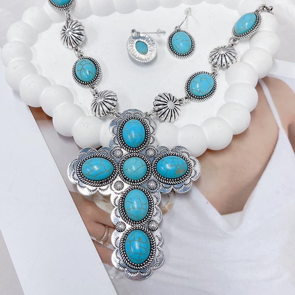 Cross Turquoise Necklace Earring for Women Western Bohemian Turquoise Pendant Long Choker Vintage Dangle Daisy Flower Earring Cowgirl Wedding Party Holiday Gift for Her Birthday Jewelery Set - Image 5