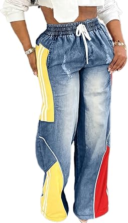 Angsuttc Sweatpant Jeans for Women Striped Drawstring Baggy Wide Leg Color Block Patchwork Denim Pants