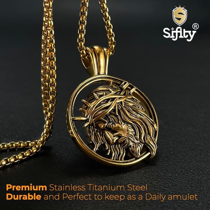 Gold Plated Jesus Christ Coin Necklace Medallion, Christian Prayer Crucifixion Pendant, For Men, Him, Boyfriend 22 Inch | Cadenas Para Hombres - Image 3