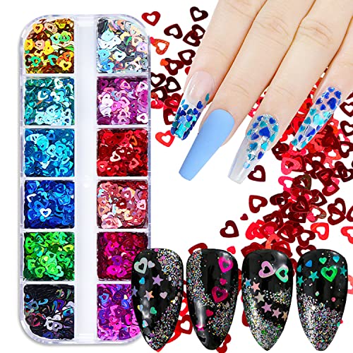 Love Heart Nail Art Glitter Sequins, 12 Colors Holographic Hollow Heart Shapes Nail Flakes Designs, 3D Laser Sparkly Big Small Hearts Nails Supplies For Women Manicure Decorations, Diy Shiny Crafts #TOP4