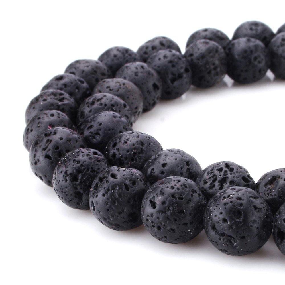 BEADNOVA Black Lava Beads Natural Crystal Beads Stone Gemstone Round Loose Energy Healing with Crystal Stretch Cord for Jewelry Making (10mm, 32-34pcs)