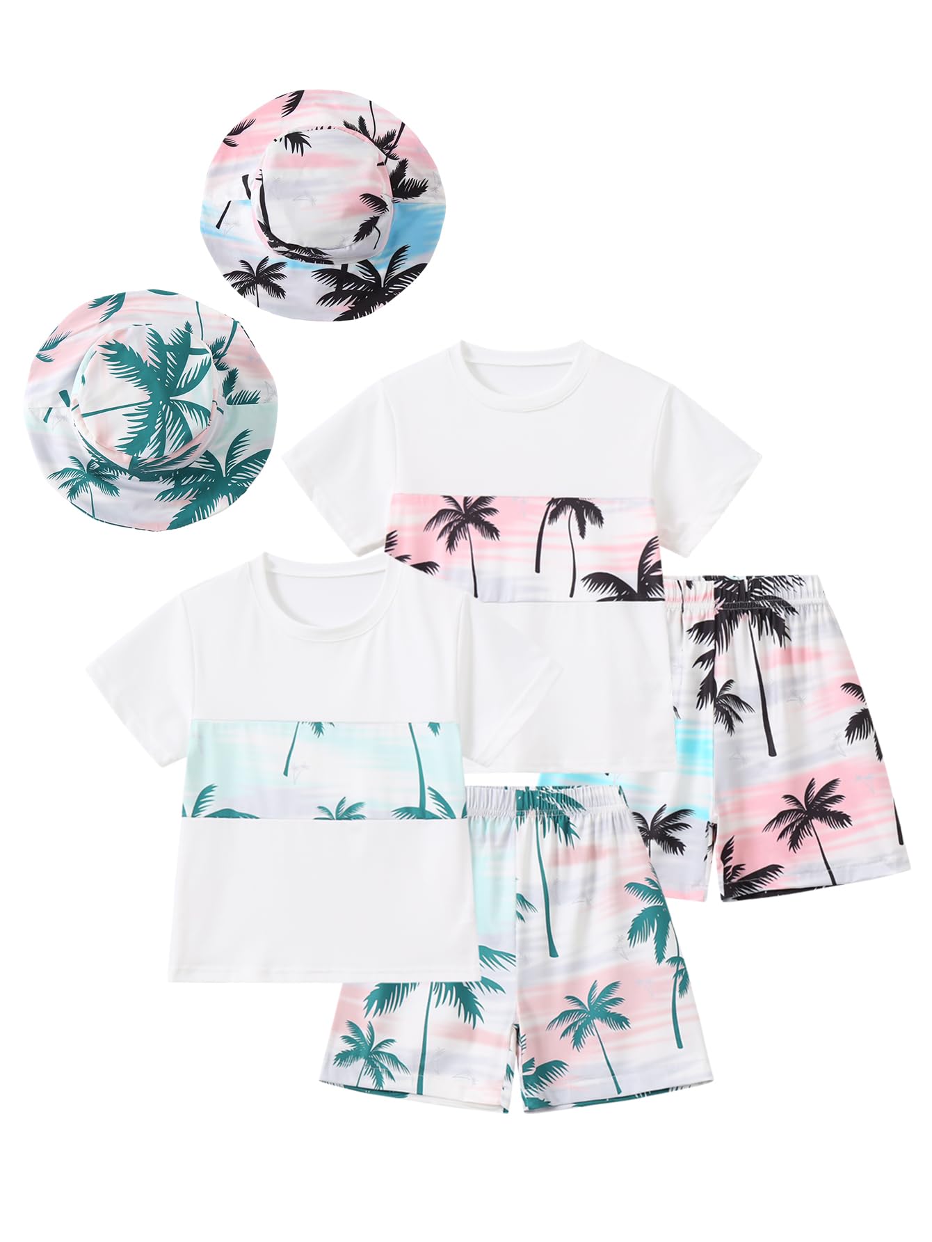 Boy Shorts Sets Summer Hawaii Outfit Palm Print Short Sleeve T-Shirt and Drawstring Cotton Shorts with Pockets