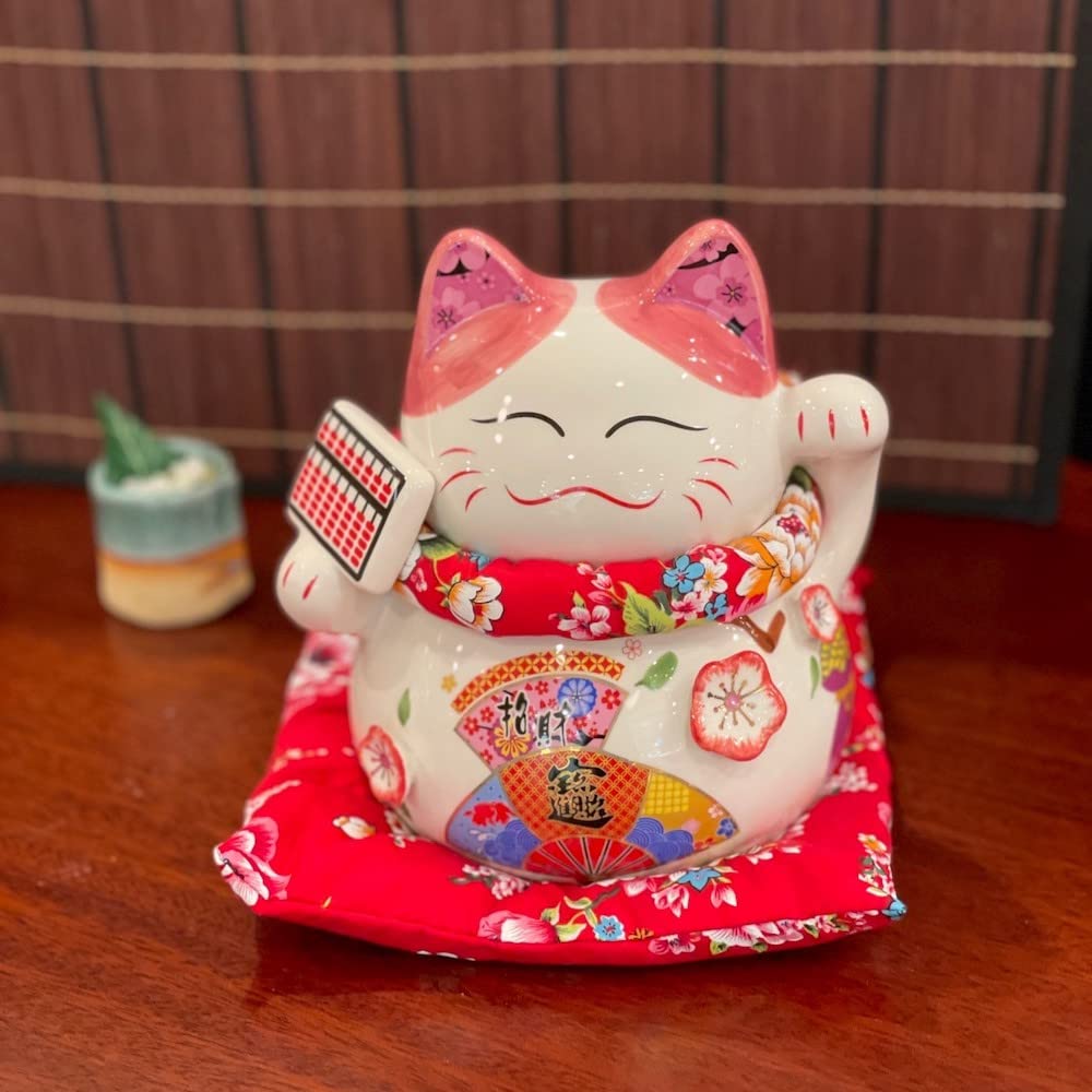 Amazon.co.jp: 招き猫 ピンク そろばん 笑い猫 置物 恋愛運アップ 恋愛