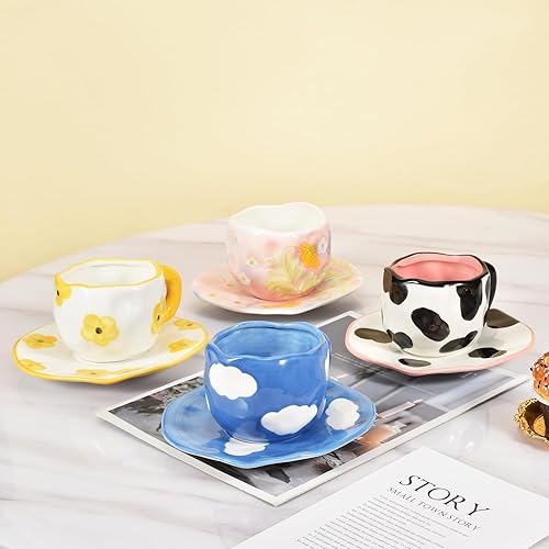 Miniatura 5 de Koythin Taza de café de cerámica con platillo, bonita taza única hecha a mano para mujeres para la oficina y el hogar, apta para lavavajillas y