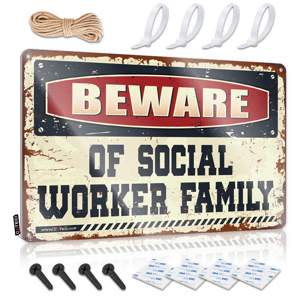 IBWNBBUSN Funnymetal Sign Beware Of Social Worker Family Sign Man Cave Wall Decor Beer Signs For Man Cave(30X40CM)