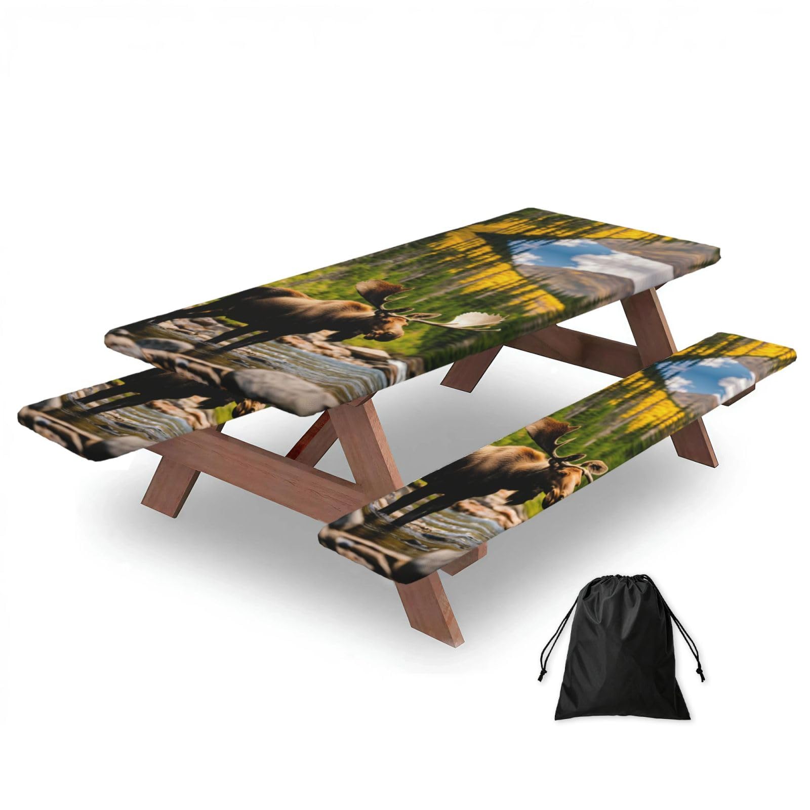 Zyjhyy Black Deer Bear Moose Print Party Table Covers With Bench Covers Set Of 3 Picnic Table Cloth Wipe Clean For Garden Camping