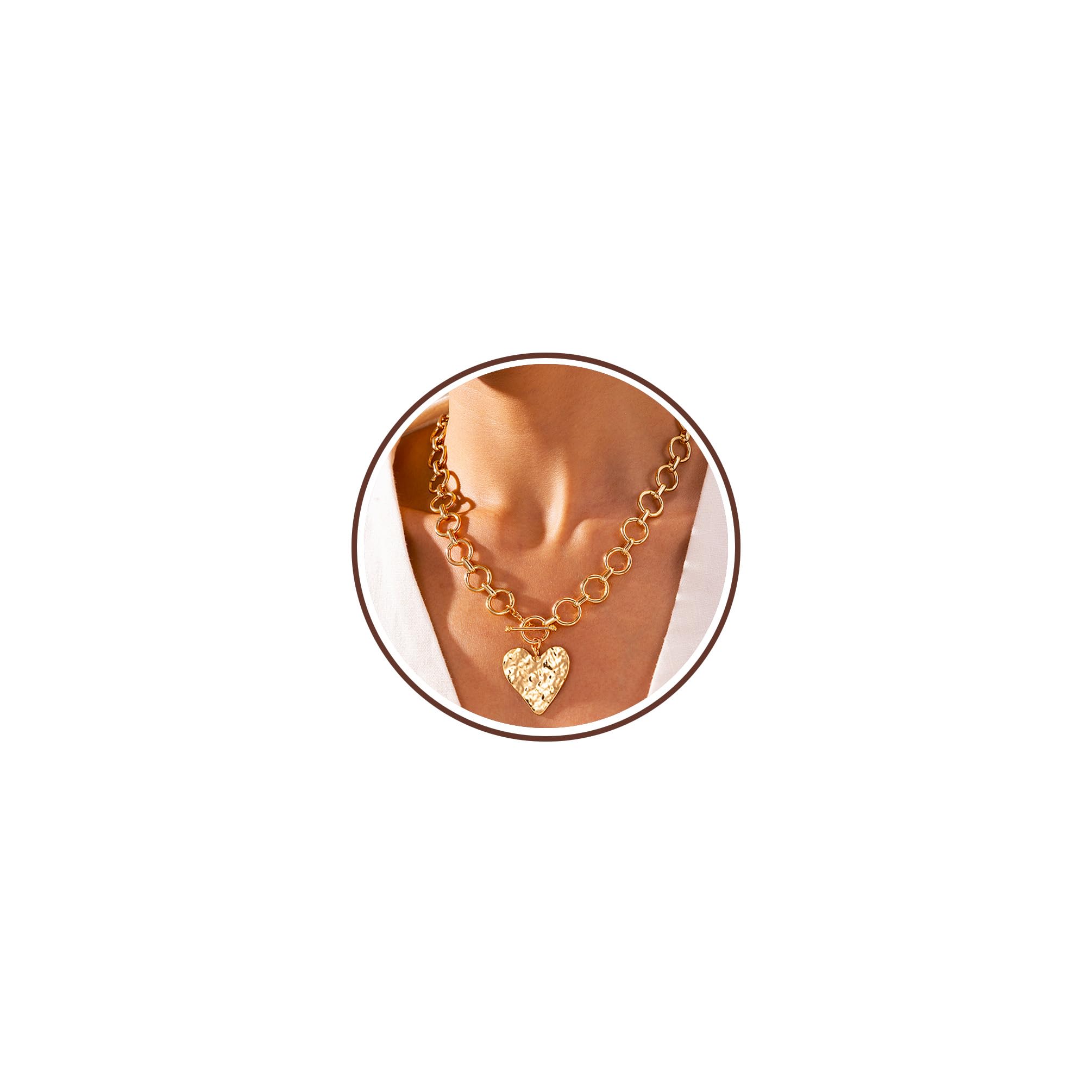 Robaice Chunky Gold Heart Necklace for Women，14K Gold Plated Hammered Heart Pendant Bold Chain Necklace with Toggle Clasp，Waterproof Non Tarnish Hypoallergenic Chunky Statement Jewelry Gift for Women