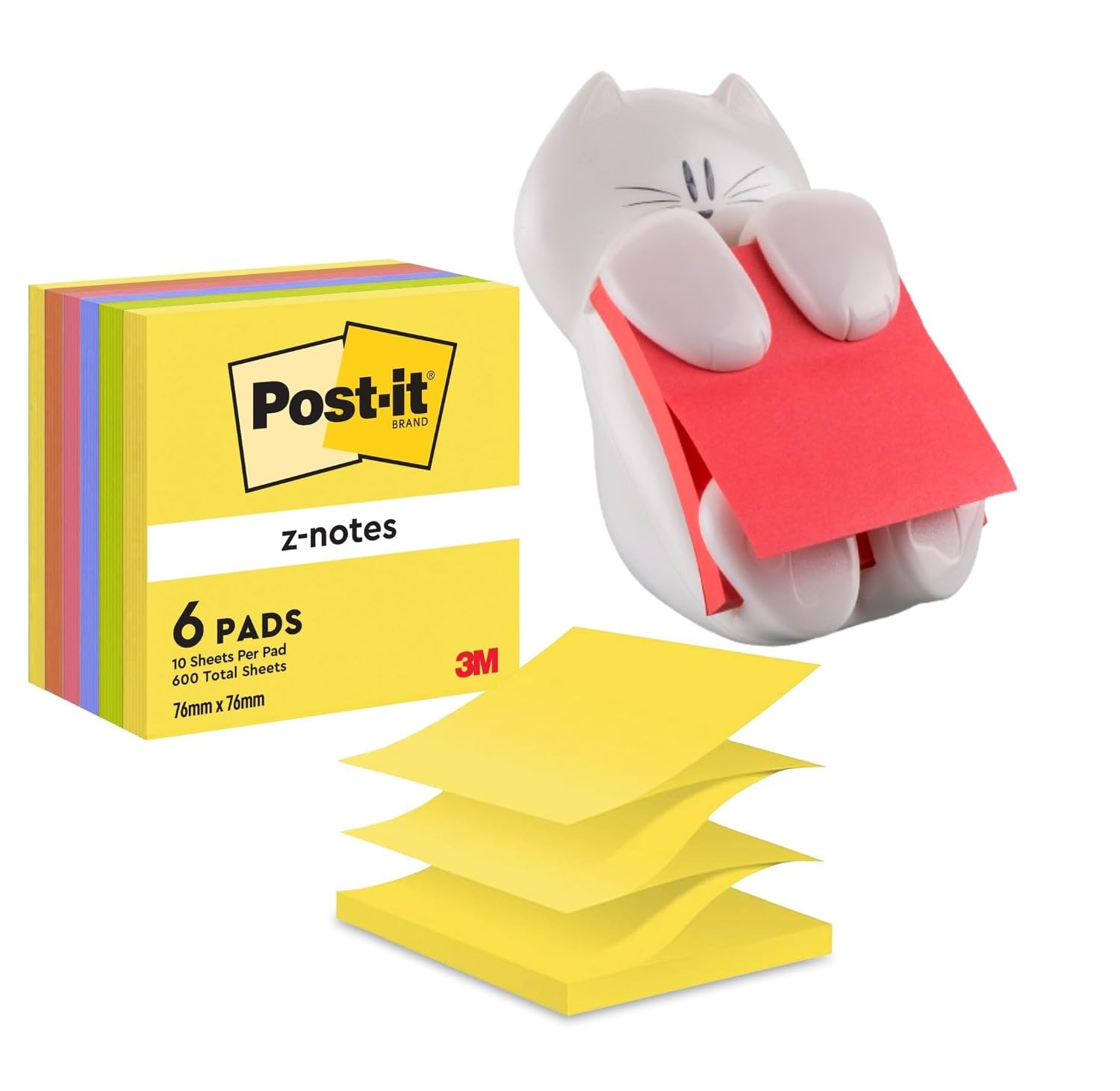 Post-it Z-Notes – Lote de 6 Bloques 76x76 mm + Dispensador Gato