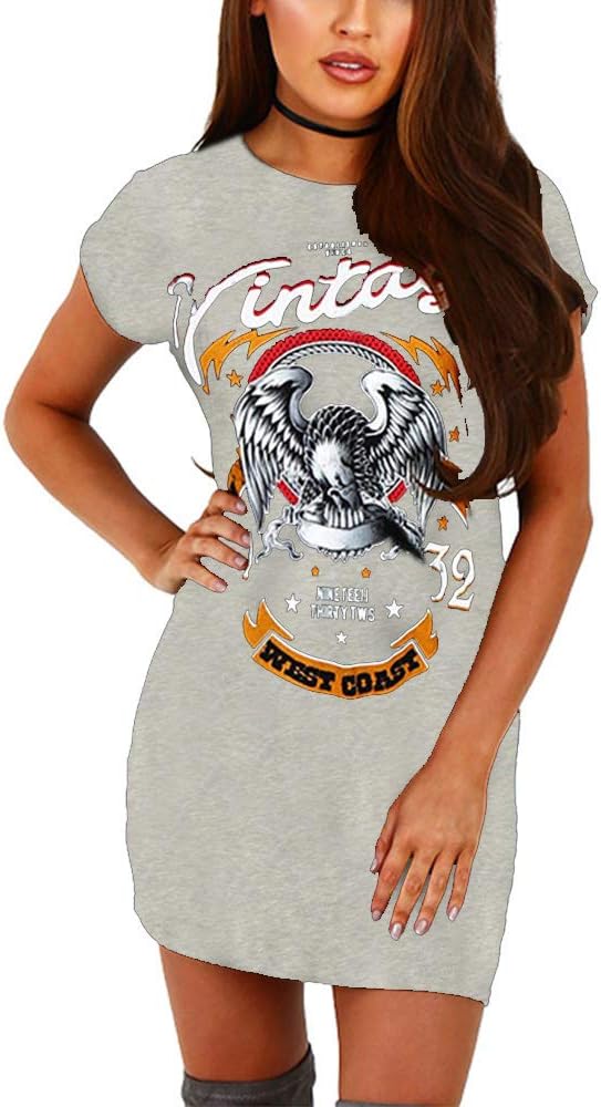 MolVee Women's Girls Sexy Punk T-Shirt Dress Printing Hole Short Skirt Top Tees (M, Gray2)