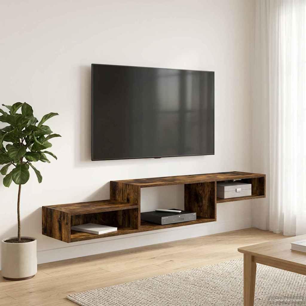 Mueble de TV de madera montado en la pared en estanque ahumado, soporte de pared con mucho espacio de almacenamiento para salón, dormitorio, cocina, baño, pasillo, diseño moderno, 150 x 28 x