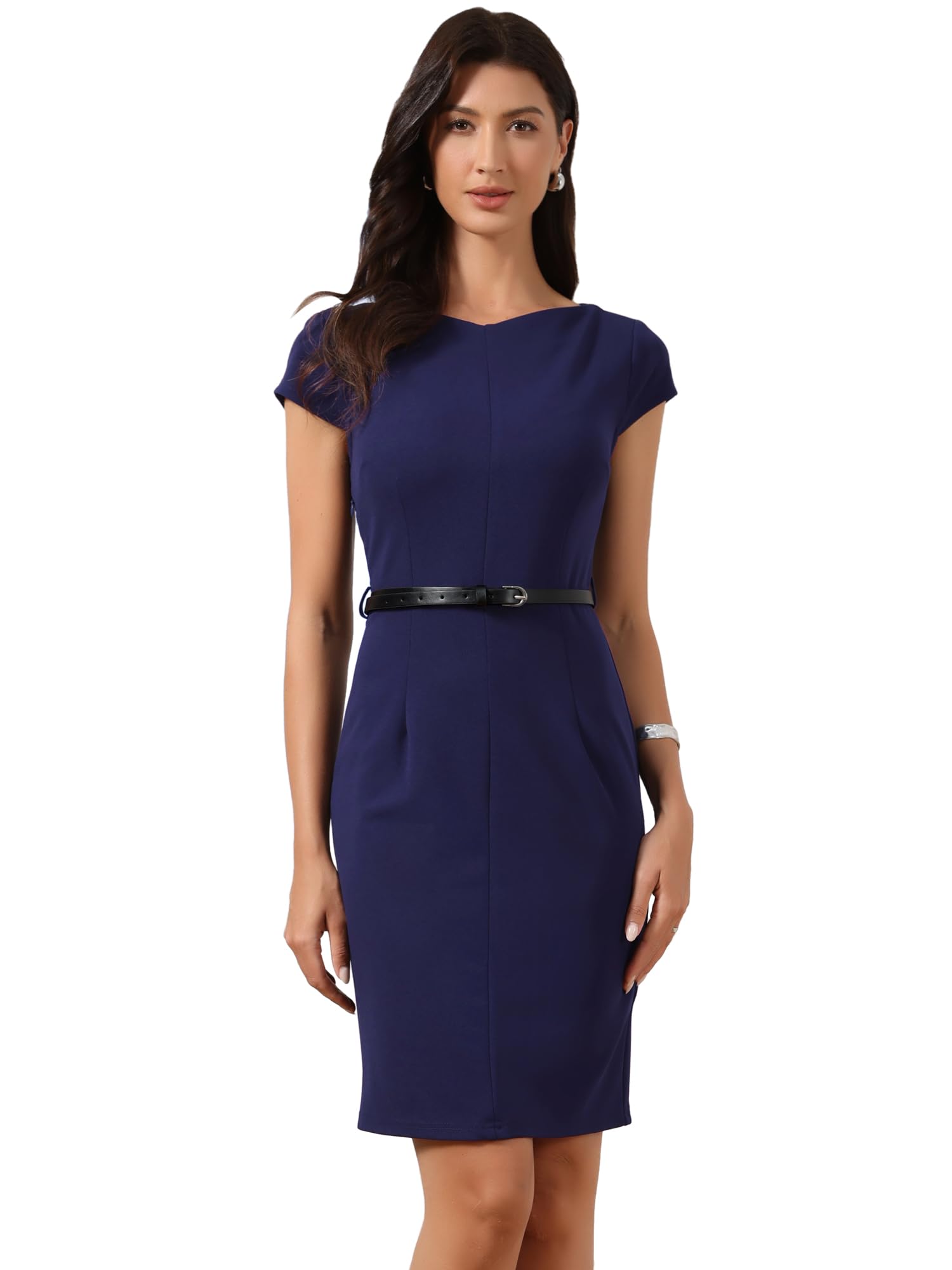 Allegra K Business Dress for Womens Work Cap Sleeve Belted Bodycon Elegant Sheath Dress