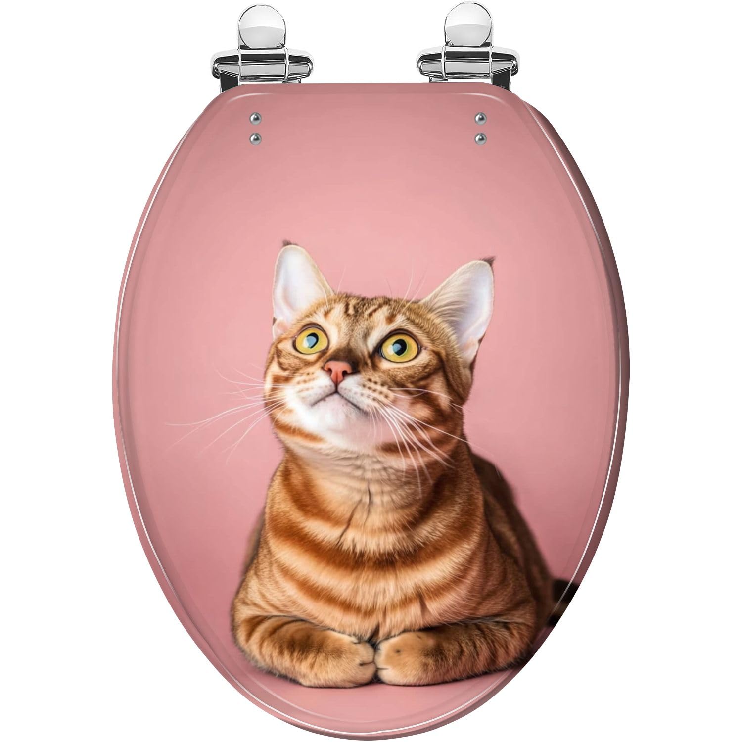 Elongated Resin Toilet Seat with Playful Ginger Bengal Cat Art, Quiet