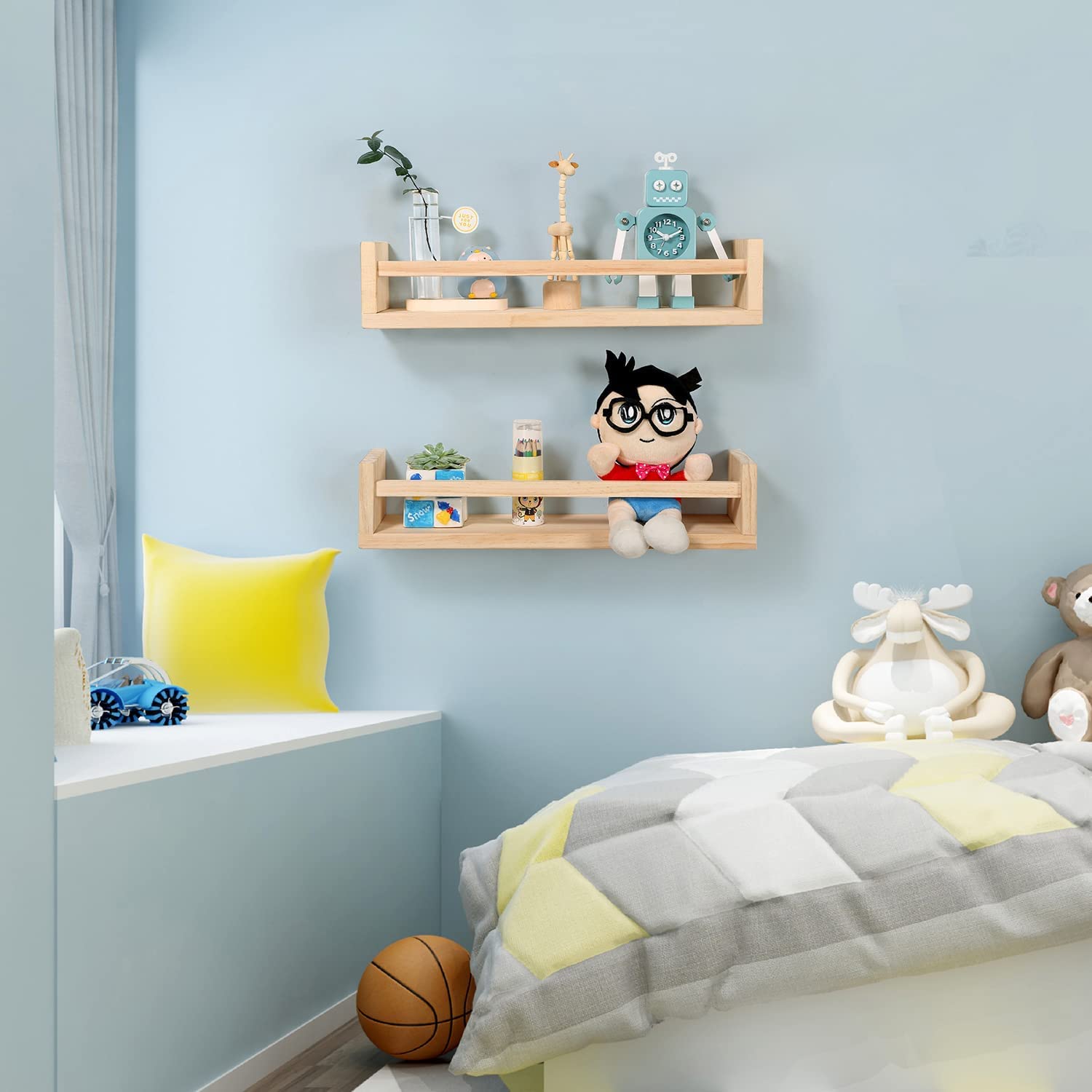Kinderzimmer Bücherregal- Satz von 2 Baby schwimmende Bücherregal oder Buch Regal Veranstalter für Kinder Kinderzimmer Dekor, Wandregale für Küche Gewürzregal, Kiefer Naturholz (Natur) (42.5)