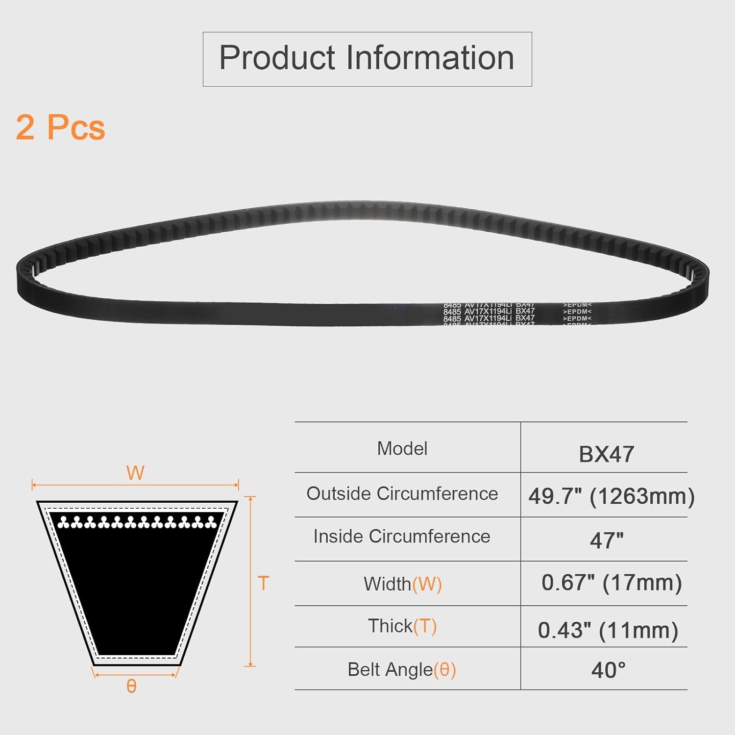 uxcell 2 Pcs BX47 EPDM V-Belt, Raw Edge Cogged Industrial Rubber V Belt 0.67" Width x 47" Inside Circumference
