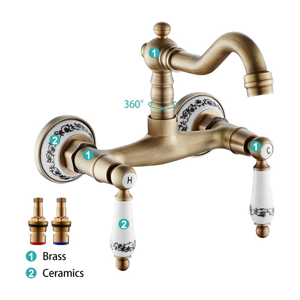 Rubinetto Bronzo a Muro in Ottone con Doppio Manopole in Ceramica Rotazione 360 ° Rubinetto per Cucina a Parete Vintage Supporto Caldo e Freddo Raffinato