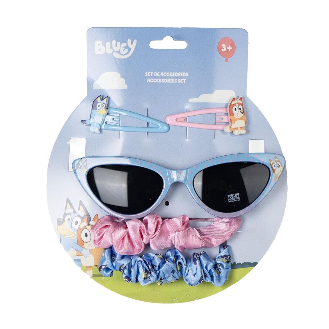 CERDÁ LIFE'S LITTLE MOMENTS Bluey Children's Beauty Set - Blue and Pink - Complete Set - Includes Sunglasses, 2 Hair Ponytails and 2 Hair Clips - Original Product Designed in Spain