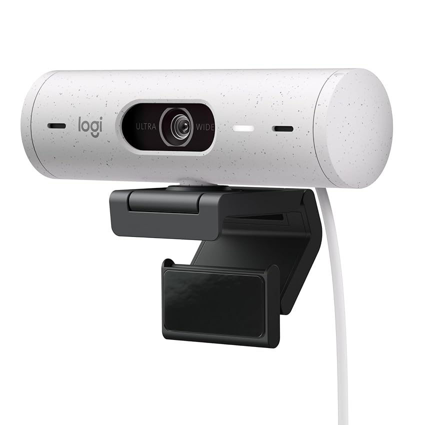 Logitech Brio 500 Webcam Full HD Correzione Luce, Show Mode, Microfono Riduzione del Rumore, Copertura Privacy, Streaming, Funziona con Microsoft Teams, Google Meet, Zoom, Cavo USB-C - Bianco