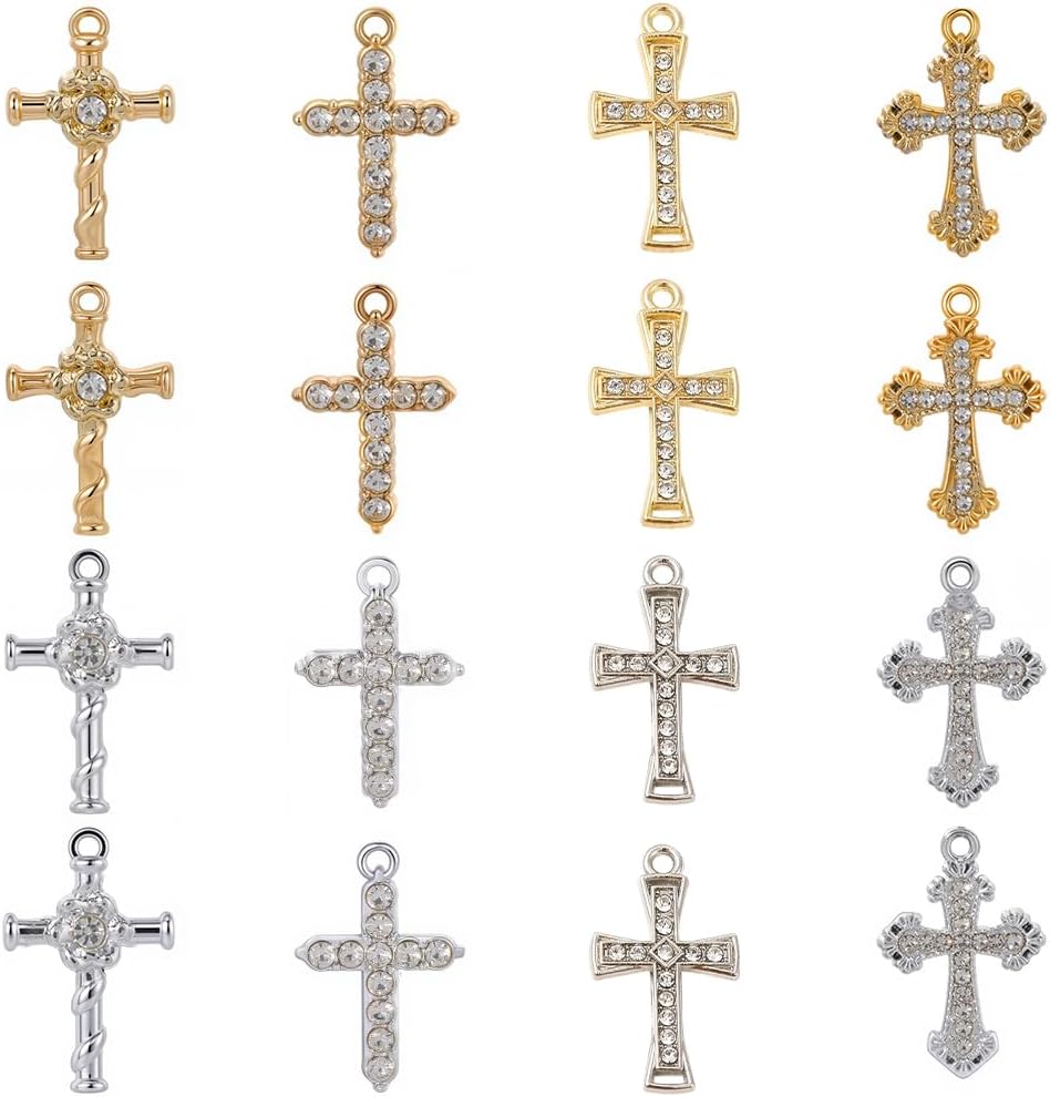 SUNNYCLUE 1 Box 32Pcs 8 Styles Rhinestone Cross Charms Bulk Crucifix Metal Charms Gold Silver Alloy Shiny Small Zirconia Easter Pendants for Jewelry Making Supplies Crafts DIY Necklace Earrings