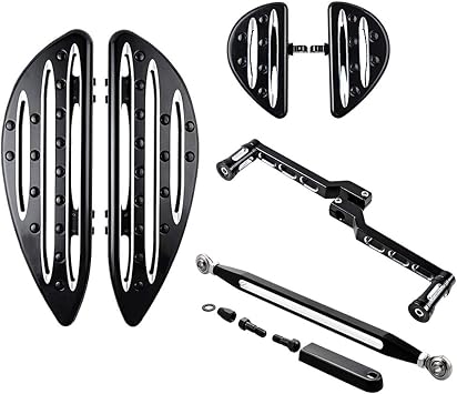 Front Rear Stretched Floorboards Driver + Passenger Footboard w/Toe Heel Gear Shift Lever Shifter Peg + Shift Linkage Compatible with Harley Road King Electra Street Glide
