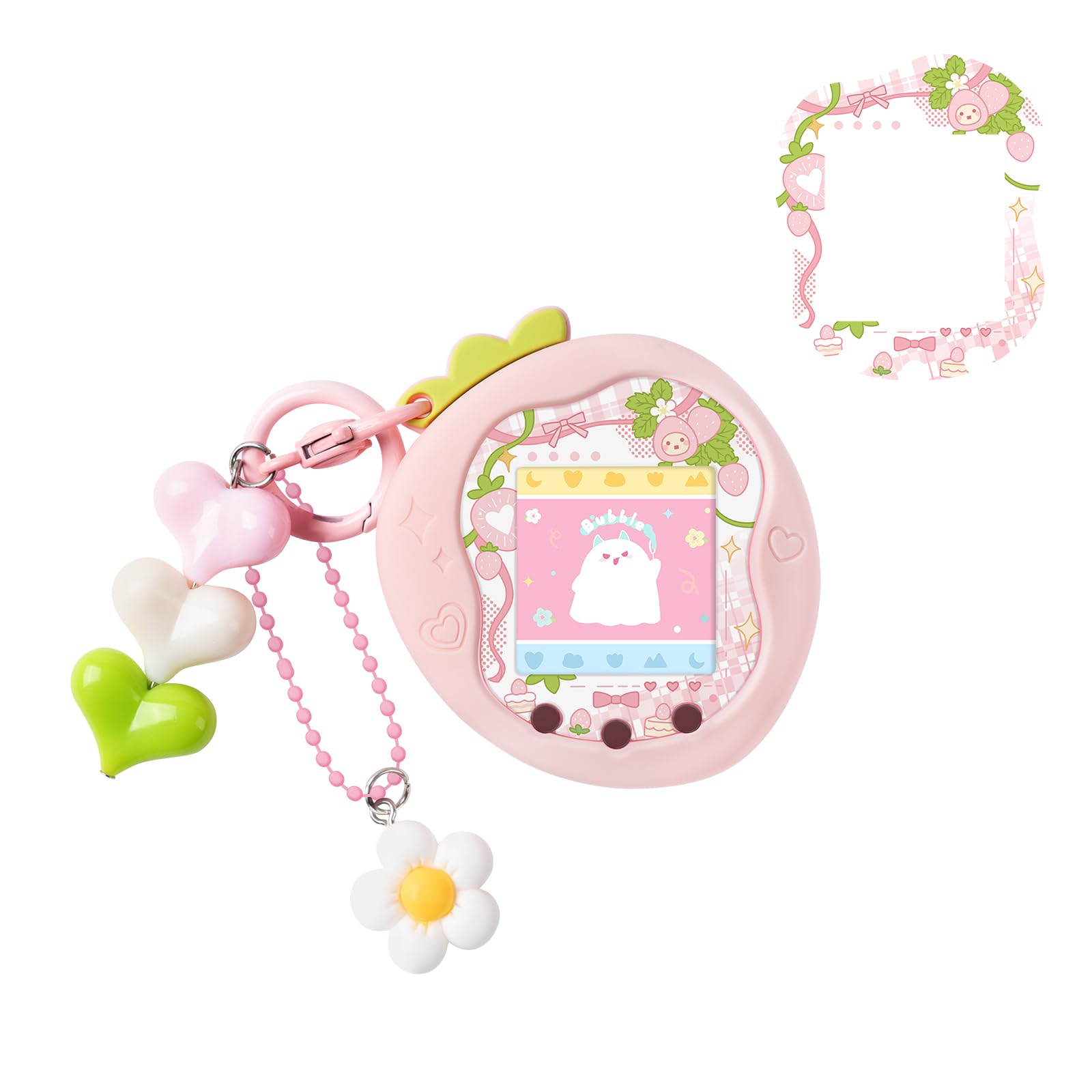 BUBBLELOGUS Tamagotchi Uni Cover Soft Protective Case with Charms & Faceplate, Silicone, Cute Skin, Drop Prevention, Shock Absorption, Wearable and Rechargeable, Compatible with Tamagotchi Uni, Strawb