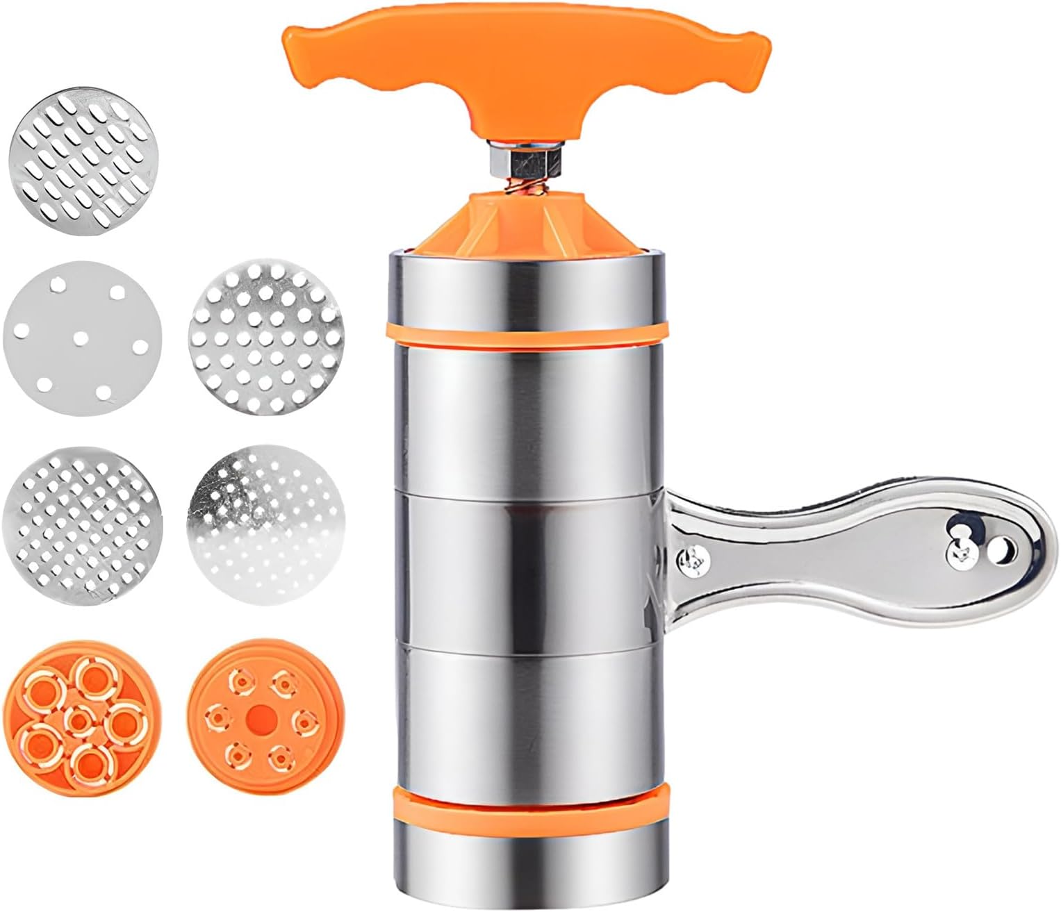 Manual Pasta Maker – Heavy Duty Stainless Steel Noodle Press With 7 Mould Discs, Handheld Ergonomic Design | Spaghetti And Fettuccine Making Tool For Home Kitchen, Dough Pressing, Dumpling Stuffing, C