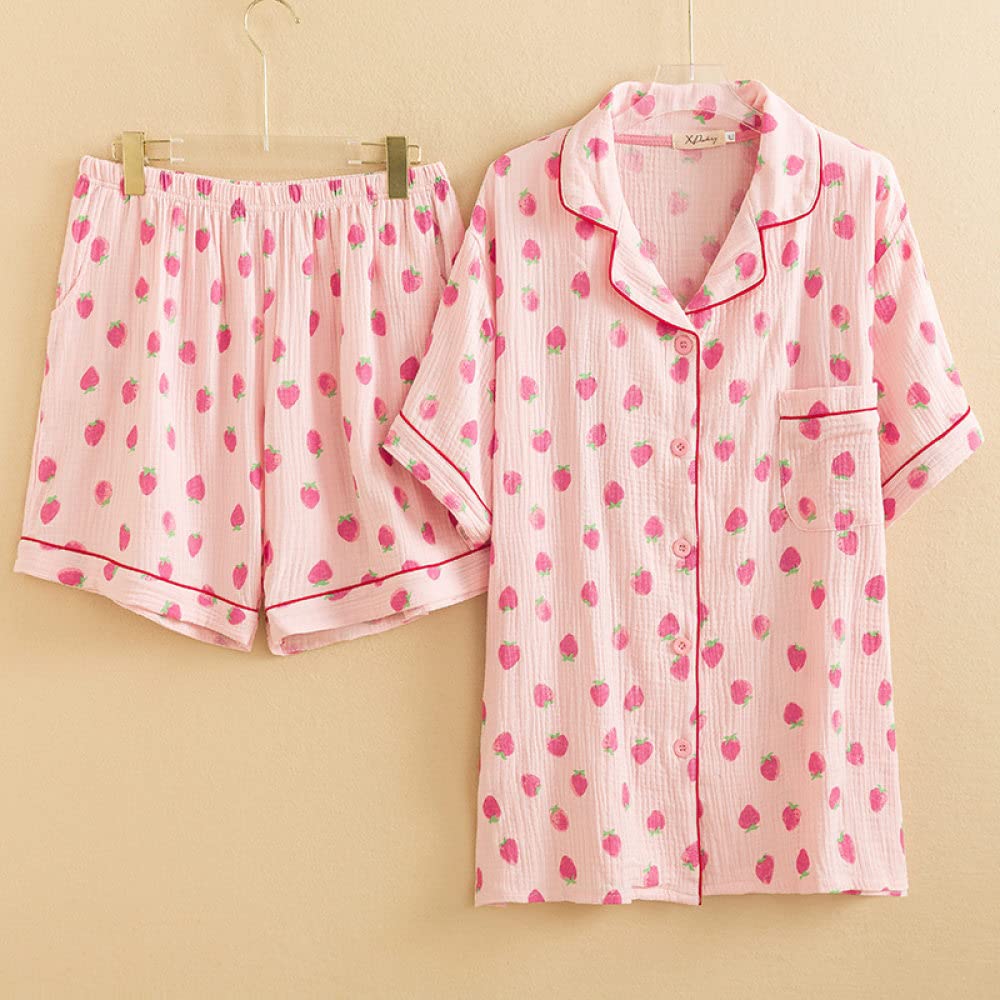 Pigiama Da Donna In Due Pezzi,Set Pigiama Da Donna, Maniche Corte Fresche E Pantaloncini Pigiama A Due Pezzi, Pigiama In Cotone Con Colletto Per Bambola Rosa Chiaro Con Stampa Fragola, Pigiami Regal