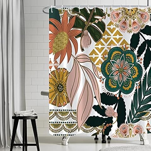 Duschvorhang Boho Style, Uiiooazy Duschvorhang Grün Blätter Blumen Rosa Vintage Duschvorhäng Badewanne Anti Schimmel Wasserdicht Polyester Stoff Waschbar Blickdicht Bad Vorhang Cover
