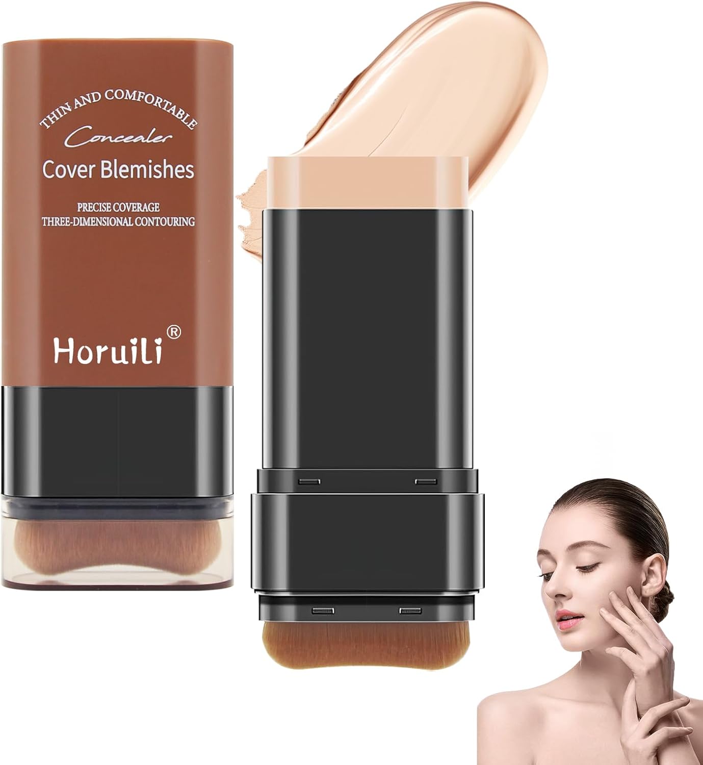 Horuili® Foundationstick, make-up foundationstick, concealer-foundationstick, lichte concealer-foundation met kwast, langdurige, waterdichte make-up
