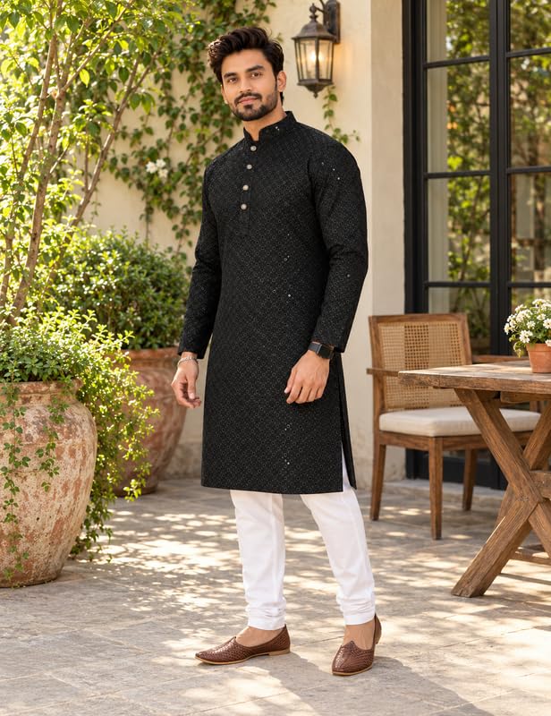 Image of Men's Lakhnawi Chikankari Kurta Set Cotton Ethnic Kurta Pajama for Men Wedding Festive Designer Indian Outfit Stylish Embroidered Kurta Set