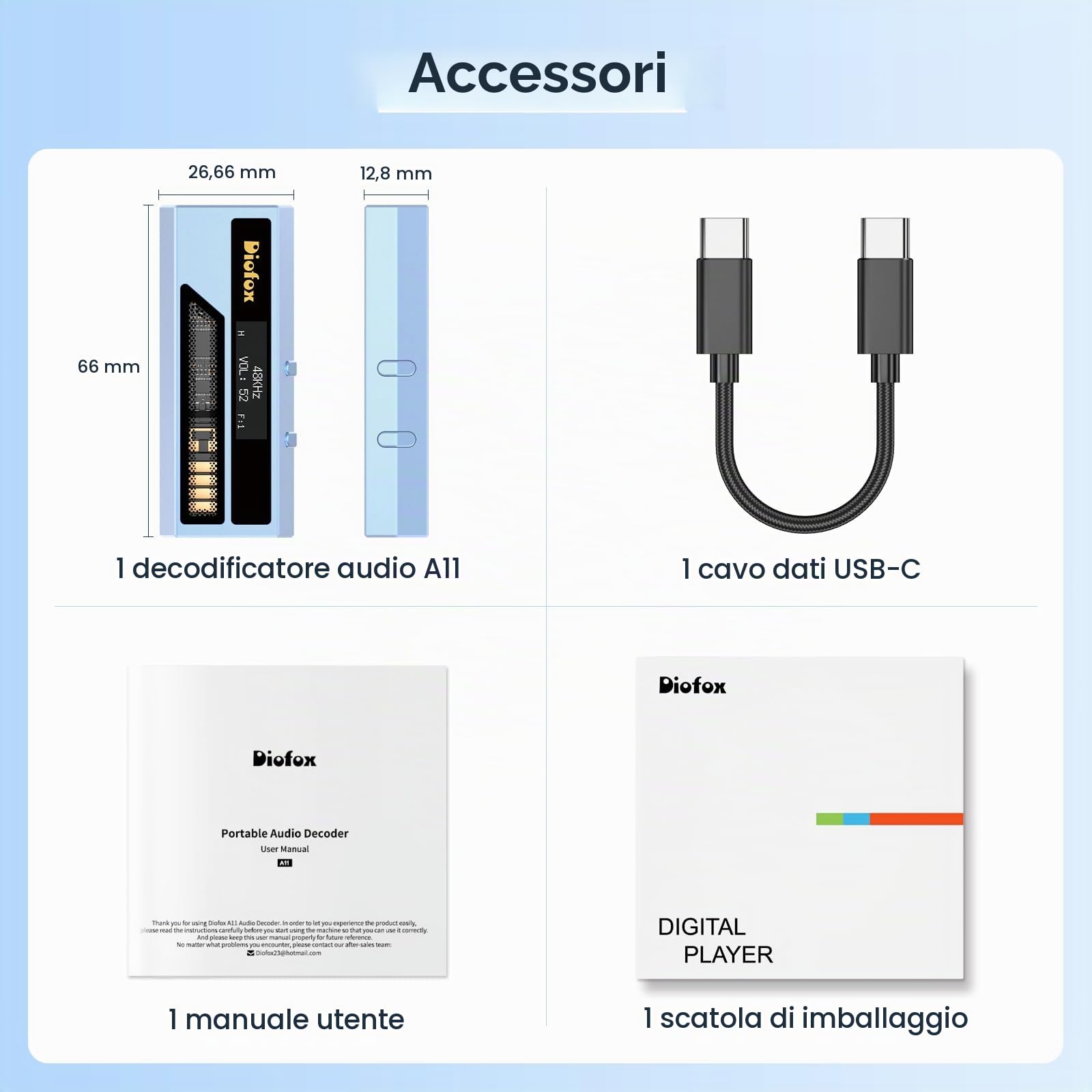 Diofox Amplificatore per Cuffie Audio DAC USB-C, Decodificatore Audio Portatile, Suono Hi-Fi Lossless, Chip ES9028Q2M, Uscita Cuffie Doppia da 3,5 mm e 4,4 mm, per PC, telefoni cellulari, iPad