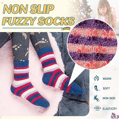 Image of Eyean Kids Fuzzy Socks Non Slip Soft Fluffy Slipper Grips Socks Warm Plush Cozy Cabin Boy Girls Crew Socks 6 Pairs