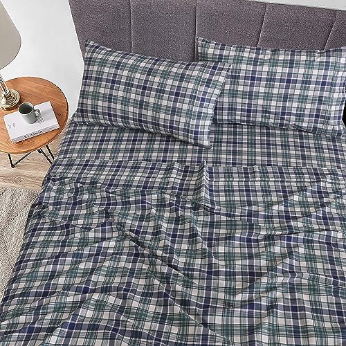 RUVANTI 100% Cotton Split King Sheets Sets for Adjustable Bed, 5 PCs, Soft & Breathable Percale Weave Bedding, Deep Pocket 16", Hotel Standard, Crisp Cool Feel & Durable Sheet, Greenish Blue Plaid