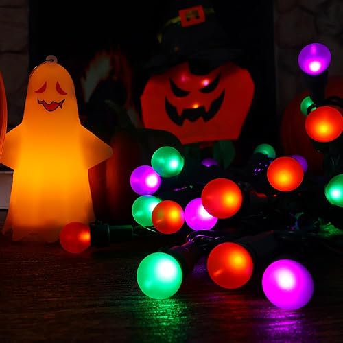 Miniatura 5 de Guirnalda de luces de Halloween naranja, morado y verde, 50 luces LED, 13.5 pies, certificación UL, G15, luces multicolor para Halloween al aire