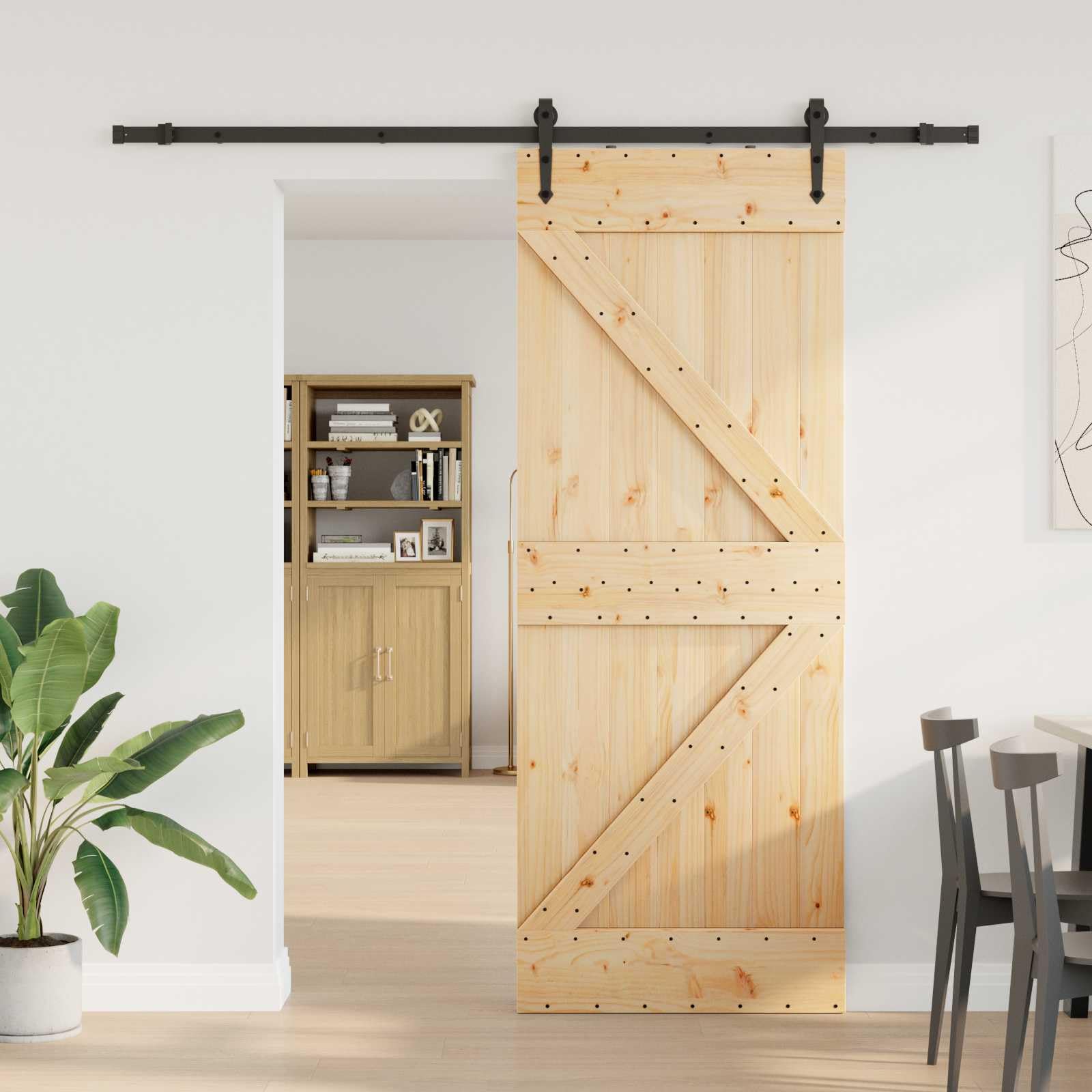 Puerta corredera Narvik de madera maciza de pino natural y negro, 80 x 210 cm, con riel de acero pulverizado, ahorra espacio para interiores, incluye ruedas y accesorios de montaje